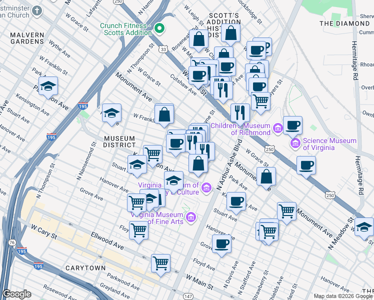 map of restaurants, bars, coffee shops, grocery stores, and more near 3024 Park Avenue in Richmond