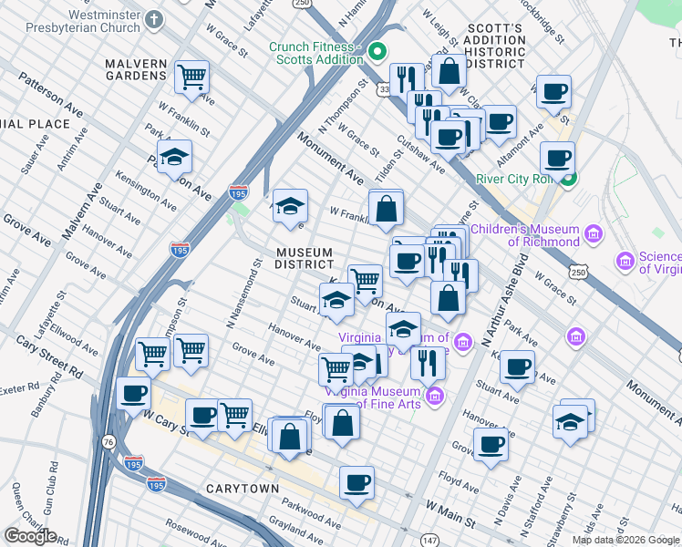 map of restaurants, bars, coffee shops, grocery stores, and more near 3310 Patterson Avenue in Richmond