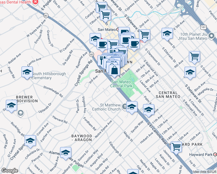 map of restaurants, bars, coffee shops, grocery stores, and more near 2 West 5th Avenue in San Mateo