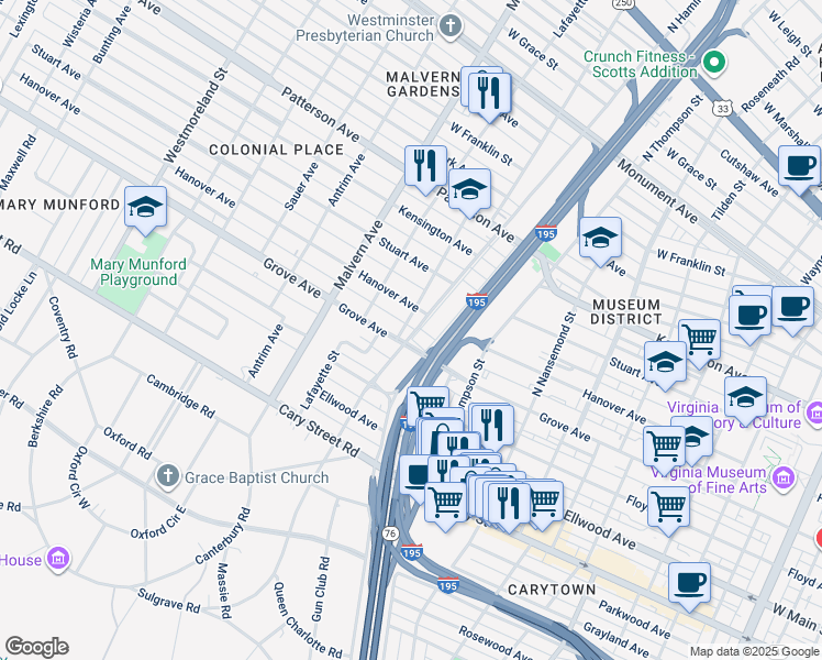 map of restaurants, bars, coffee shops, grocery stores, and more near 320 North Hamilton Street in Richmond