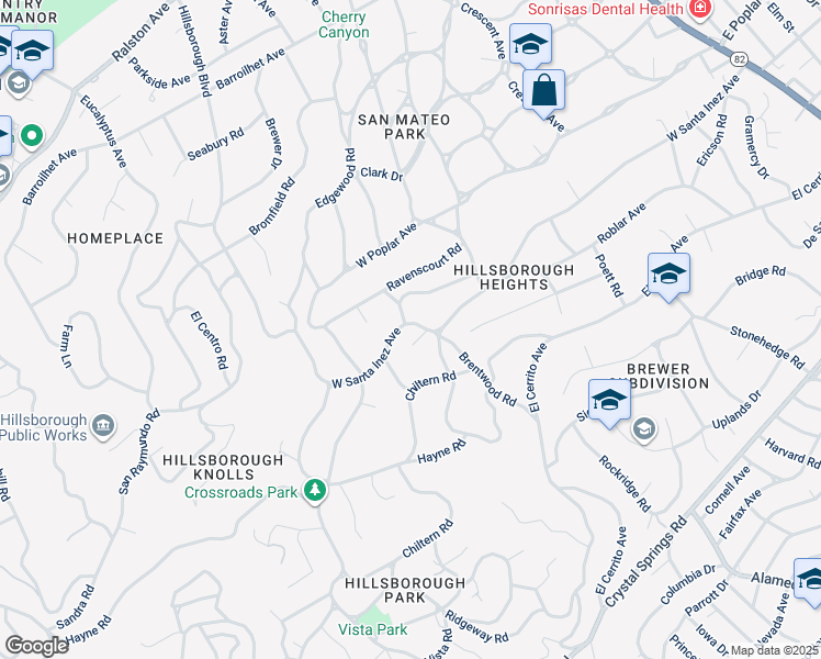 map of restaurants, bars, coffee shops, grocery stores, and more near 625 West Santa Inez Avenue in Hillsborough
