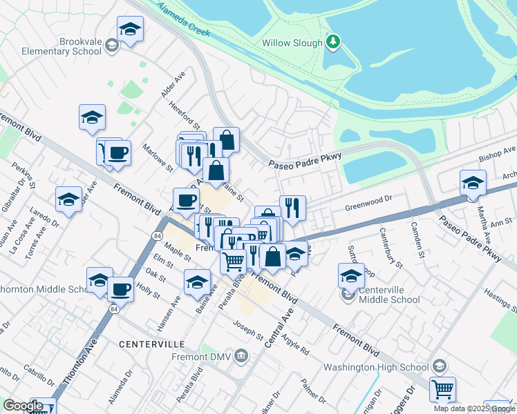 map of restaurants, bars, coffee shops, grocery stores, and more near 3580 Birchwood Terrace in Fremont