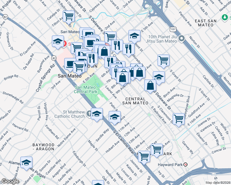 map of restaurants, bars, coffee shops, grocery stores, and more near 821 Laurel Avenue in San Mateo