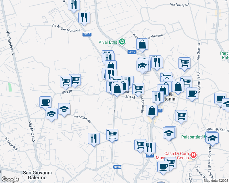 map of restaurants, bars, coffee shops, grocery stores, and more near 8 Vico Dante Alighieri in Gravina di Catania