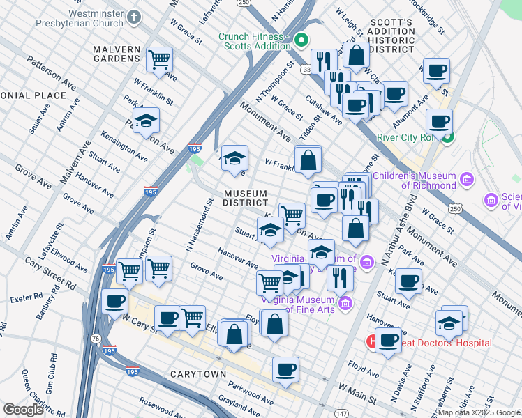 map of restaurants, bars, coffee shops, grocery stores, and more near 3314 Kensington Avenue in Richmond