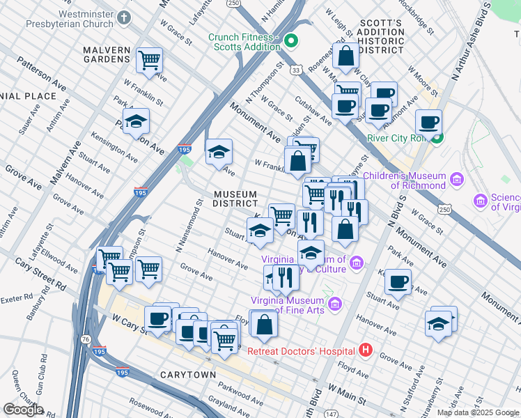 map of restaurants, bars, coffee shops, grocery stores, and more near 3305 Patterson Avenue in Richmond
