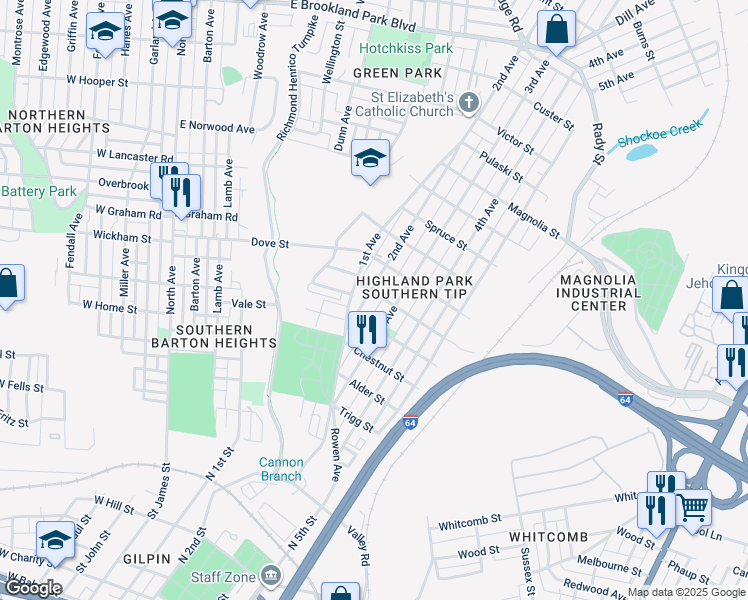 map of restaurants, bars, coffee shops, grocery stores, and more near 2017 2nd Avenue in Richmond