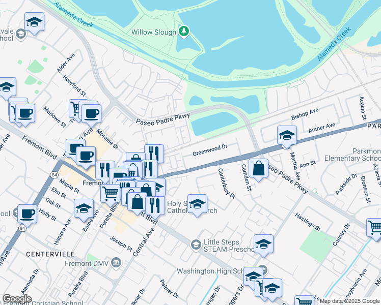 map of restaurants, bars, coffee shops, grocery stores, and more near 3339 Greenwood Drive in Fremont