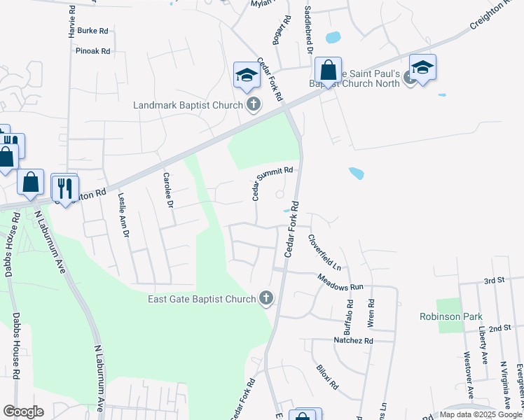 map of restaurants, bars, coffee shops, grocery stores, and more near 4909 Cedar Summit Road in Richmond