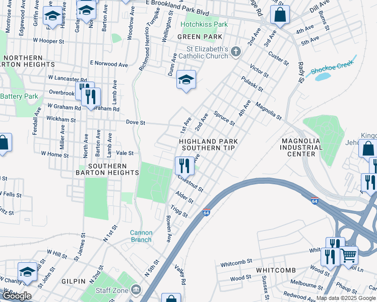 map of restaurants, bars, coffee shops, grocery stores, and more near 2017 2nd Avenue in Richmond