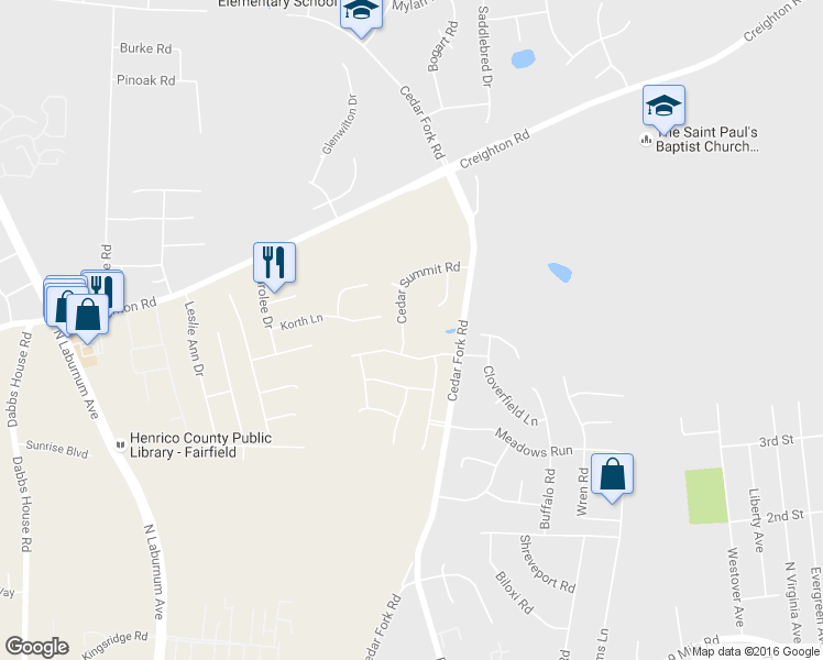 map of restaurants, bars, coffee shops, grocery stores, and more near 4909 Cedar Summit Road in Richmond