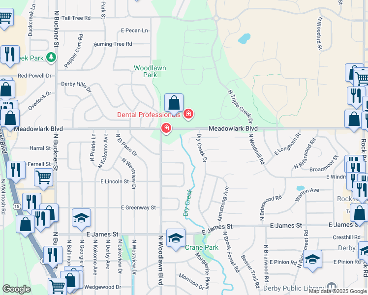 map of restaurants, bars, coffee shops, grocery stores, and more near 1433 Dry Creek Court in Derby