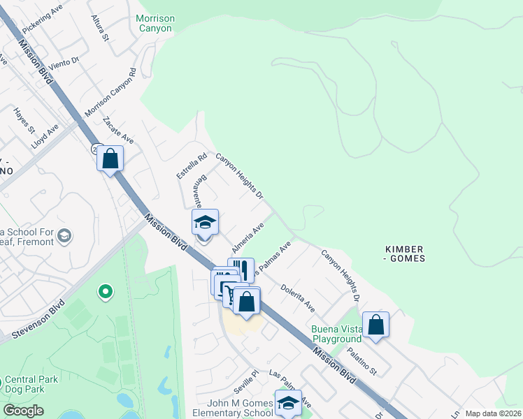 map of restaurants, bars, coffee shops, grocery stores, and more near 289 Hidalgo Court in Fremont