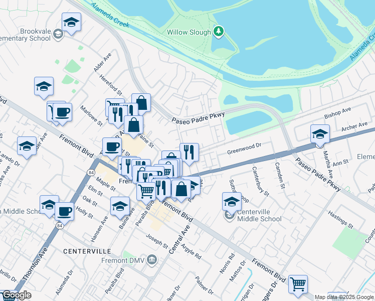 map of restaurants, bars, coffee shops, grocery stores, and more near 37344 Spruce Terrace in Fremont