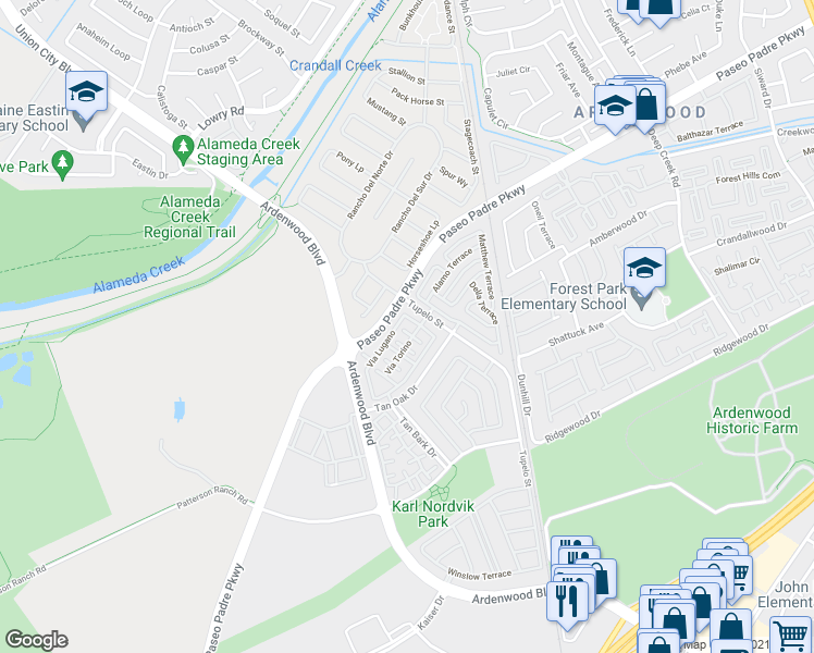 map of restaurants, bars, coffee shops, grocery stores, and more near 34143 Tupelo Street in Fremont