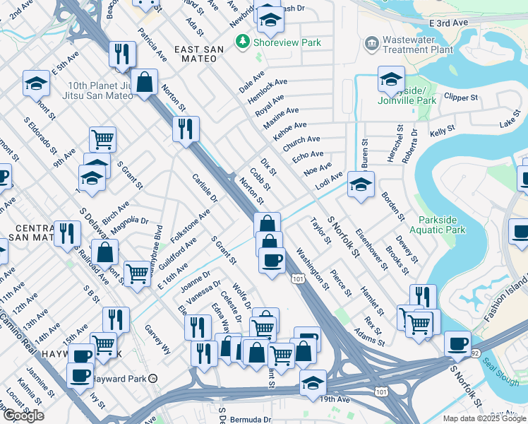 map of restaurants, bars, coffee shops, grocery stores, and more near 1601 Norton Street in San Mateo