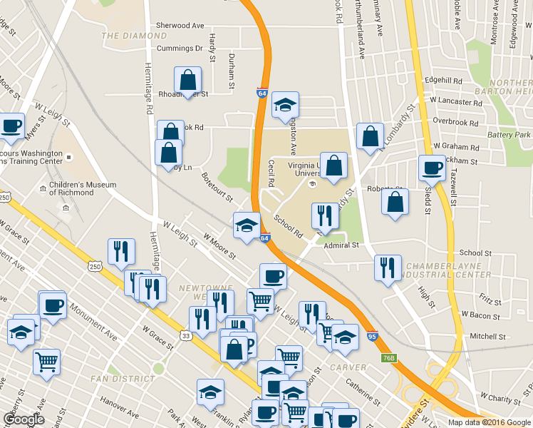 map of restaurants, bars, coffee shops, grocery stores, and more near 1811 Bath Street in Richmond