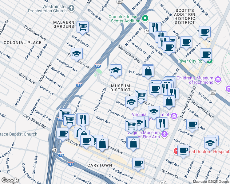 map of restaurants, bars, coffee shops, grocery stores, and more near in Richmond