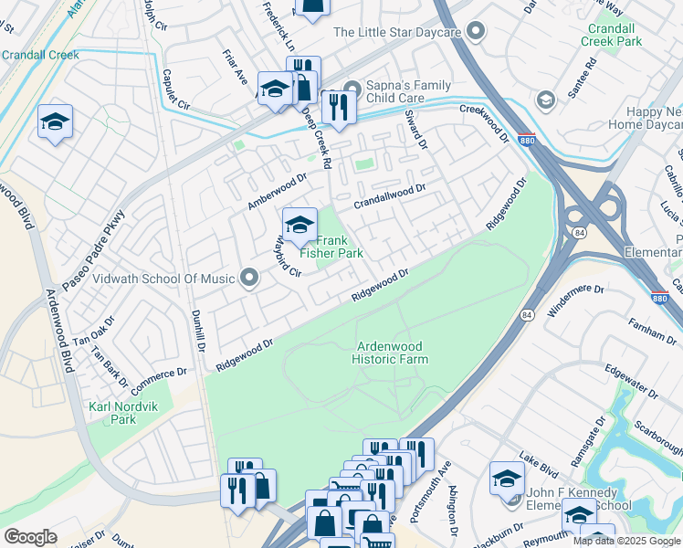 map of restaurants, bars, coffee shops, grocery stores, and more near 5167 Fairbanks Common in Fremont