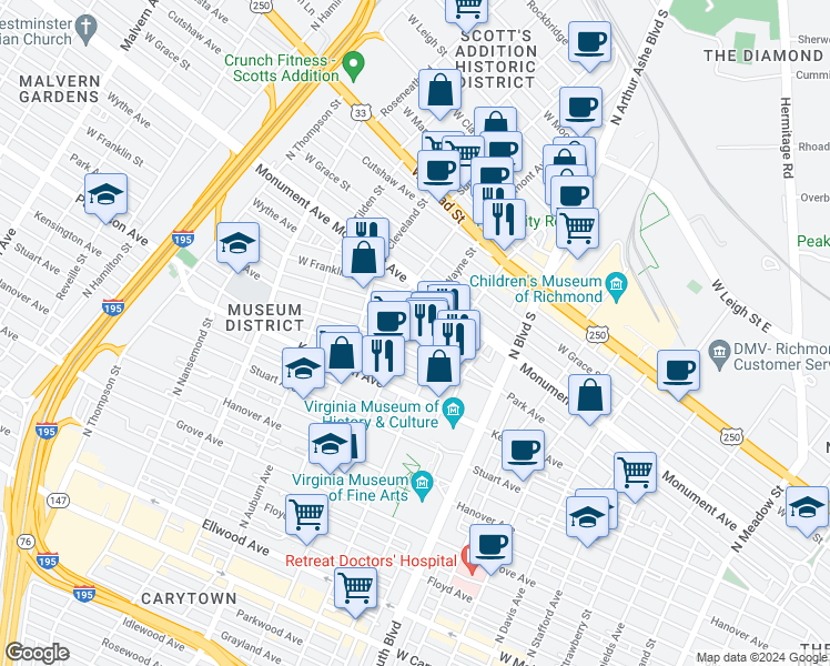 map of restaurants, bars, coffee shops, grocery stores, and more near 3027 Park Avenue in Richmond
