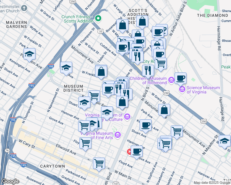 map of restaurants, bars, coffee shops, grocery stores, and more near 3029 Park Avenue in Richmond