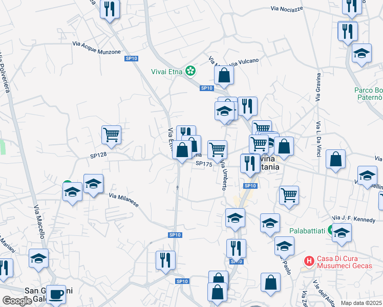 map of restaurants, bars, coffee shops, grocery stores, and more near 25a Via Roma in Gravina di Catania
