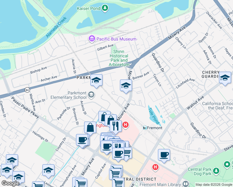 map of restaurants, bars, coffee shops, grocery stores, and more near 38524 Burdette Common in Fremont