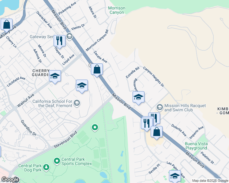 map of restaurants, bars, coffee shops, grocery stores, and more near 39478 Zacate Avenue in Fremont
