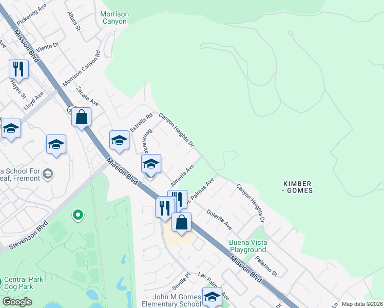 map of restaurants, bars, coffee shops, grocery stores, and more near 289 Hidalgo Court in Fremont