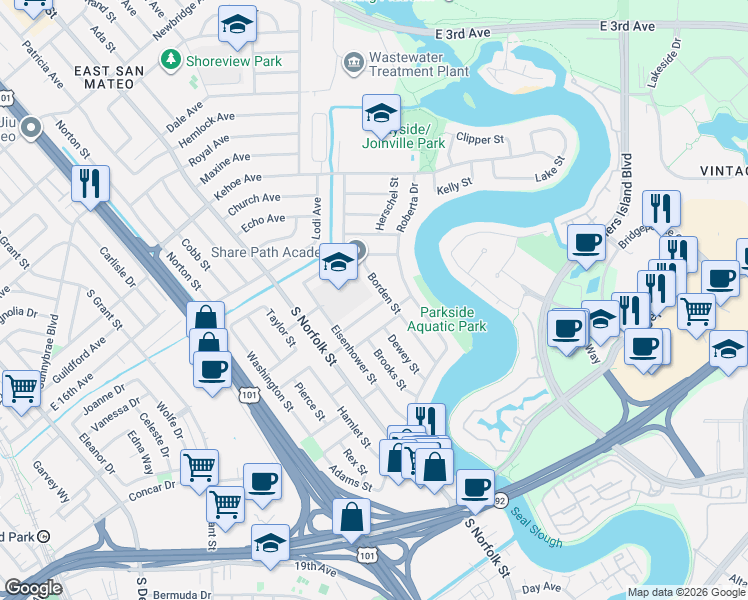 map of restaurants, bars, coffee shops, grocery stores, and more near 1665 Wellesley Avenue in San Mateo