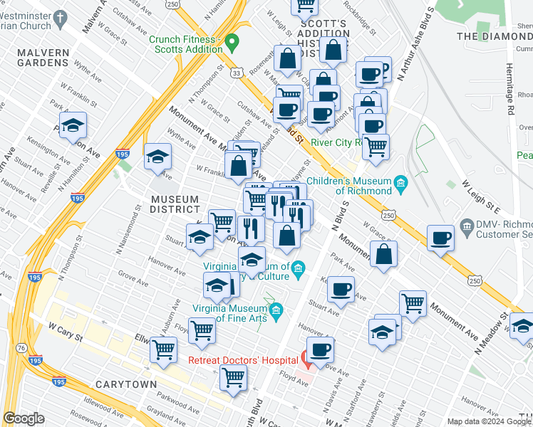 map of restaurants, bars, coffee shops, grocery stores, and more near 3033 Park Avenue in Richmond