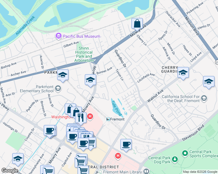 map of restaurants, bars, coffee shops, grocery stores, and more near 38703 Greenwich Circle in Fremont