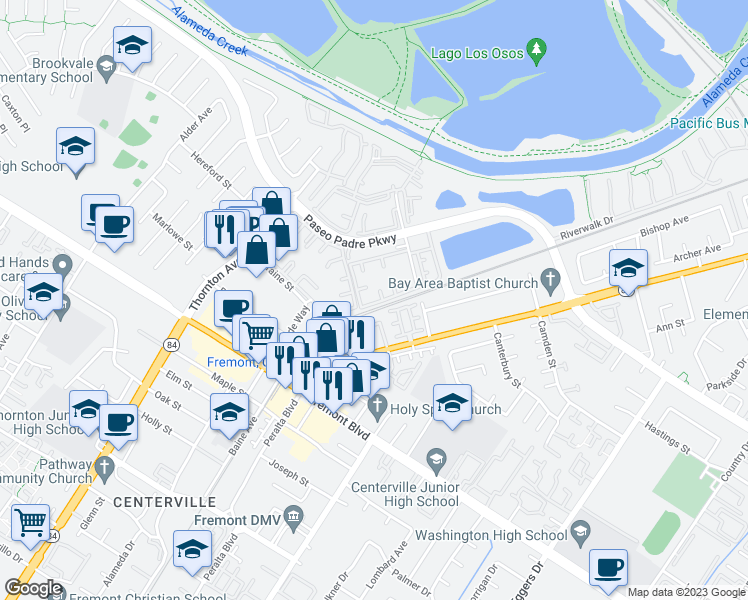 map of restaurants, bars, coffee shops, grocery stores, and more near 37344 Spruce Terrace in Fremont