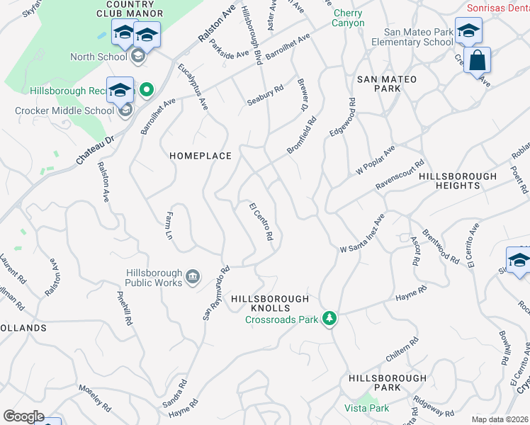 map of restaurants, bars, coffee shops, grocery stores, and more near 1020 San Raymundo Road in Hillsborough