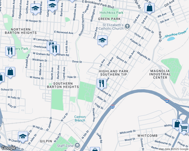 map of restaurants, bars, coffee shops, grocery stores, and more near 1133 Althea Street in Richmond