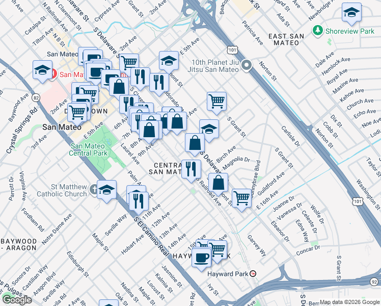 map of restaurants, bars, coffee shops, grocery stores, and more near 1006 South Delaware Street in San Mateo