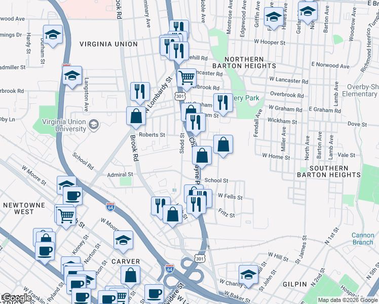 map of restaurants, bars, coffee shops, grocery stores, and more near 2010 Chamberlayne Avenue in Richmond