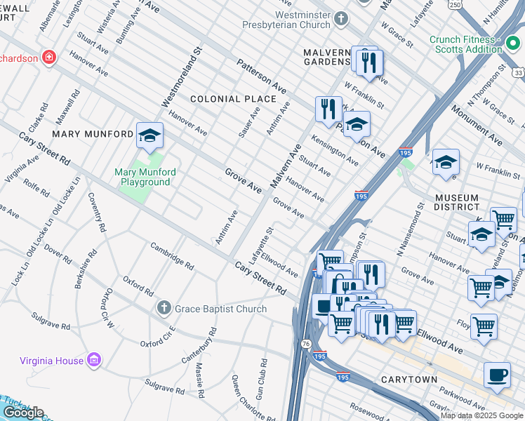 map of restaurants, bars, coffee shops, grocery stores, and more near 57 Virginia 197 in Richmond