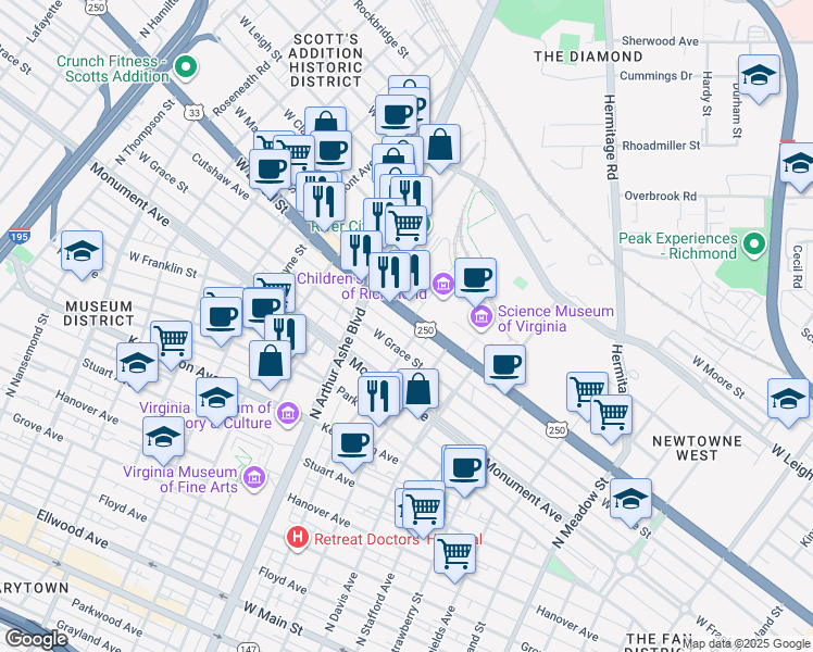 map of restaurants, bars, coffee shops, grocery stores, and more near 2707 West Broad Street in Richmond