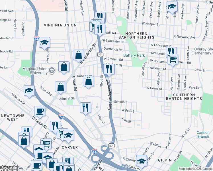 map of restaurants, bars, coffee shops, grocery stores, and more near 2010 Chamberlayne Avenue in Richmond