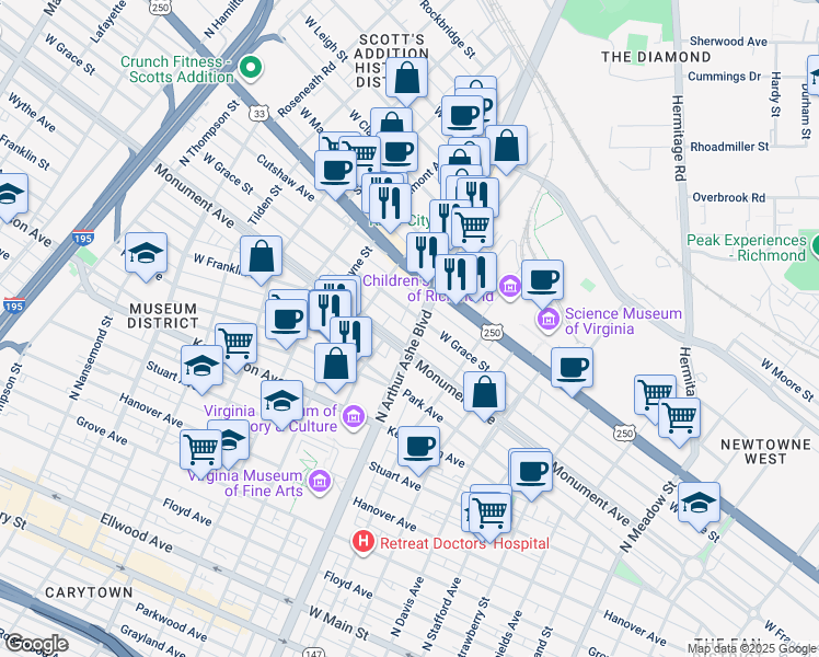 map of restaurants, bars, coffee shops, grocery stores, and more near 710 North Arthur Ashe Boulevard in Richmond