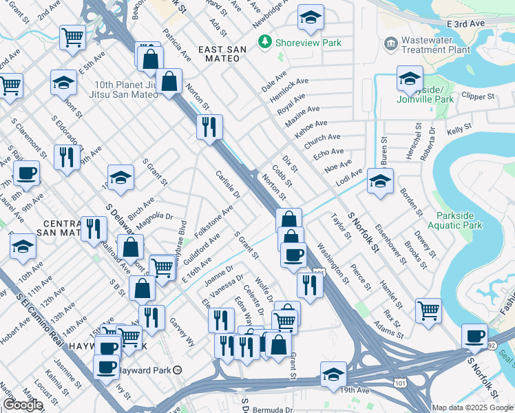 map of restaurants, bars, coffee shops, grocery stores, and more near 1120 Folkstone Avenue in San Mateo