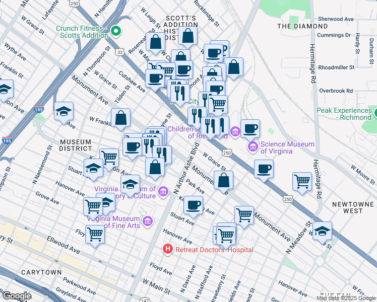 map of restaurants, bars, coffee shops, grocery stores, and more near 710 North Arthur Ashe Boulevard in Richmond