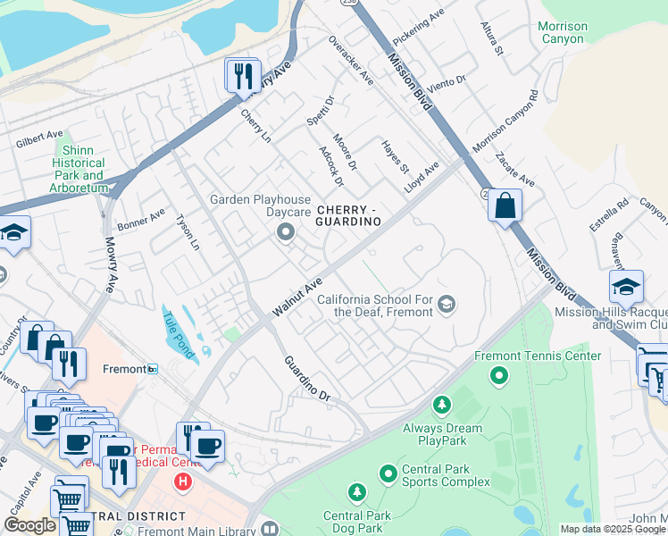 map of restaurants, bars, coffee shops, grocery stores, and more near 39088 Applegate Terrace in Fremont