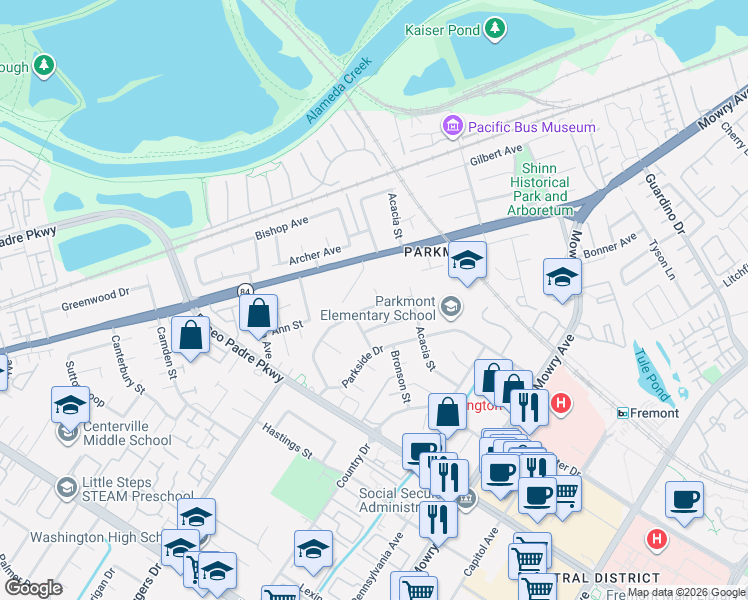 map of restaurants, bars, coffee shops, grocery stores, and more near 38003 Parkmont Com in Fremont
