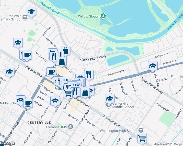 map of restaurants, bars, coffee shops, grocery stores, and more near 37344 Spruce Terrace in Fremont