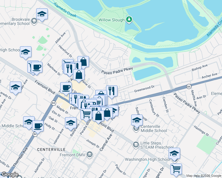map of restaurants, bars, coffee shops, grocery stores, and more near 37346 Spruce Terrace in Fremont