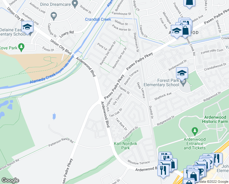 map of restaurants, bars, coffee shops, grocery stores, and more near in Fremont