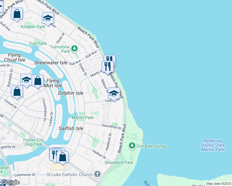 map of restaurants, bars, coffee shops, grocery stores, and more near 1431 Beach Park Boulevard in Foster City