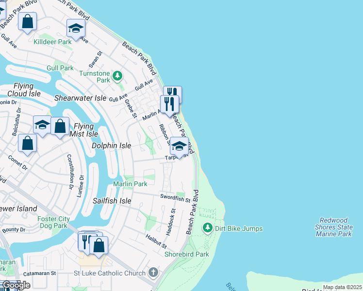 map of restaurants, bars, coffee shops, grocery stores, and more near 1431 Beach Park Boulevard in Foster City